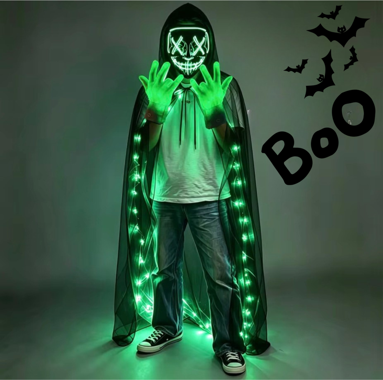Pack Complet Masque + Gants + Cape LED Halloween — Boo